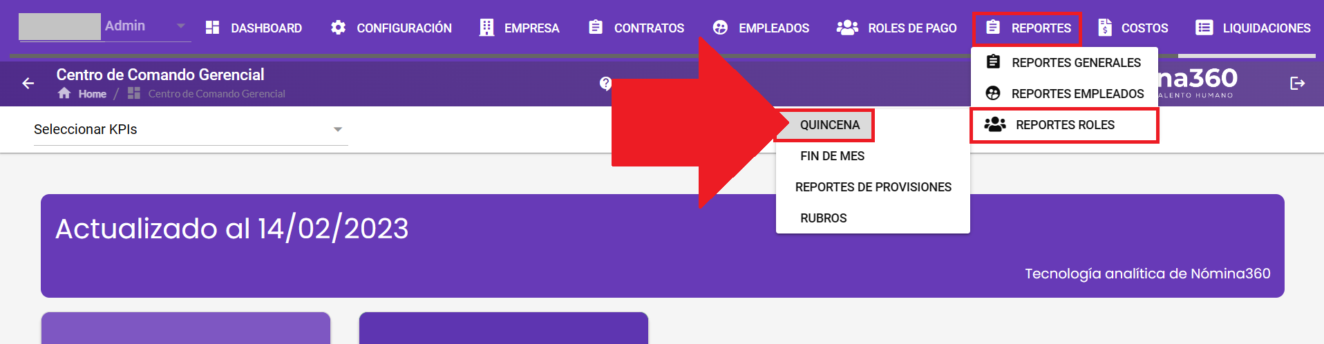 Pantalla del reporte Quincena en Reportes Roles