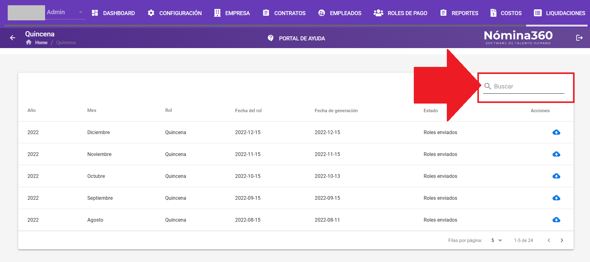 Filtro de búsqueda dentro del reporte de Quincena