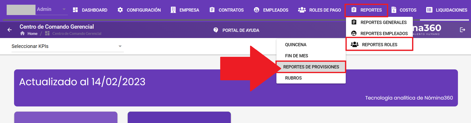 Pantalla de Reportes de Provisiones