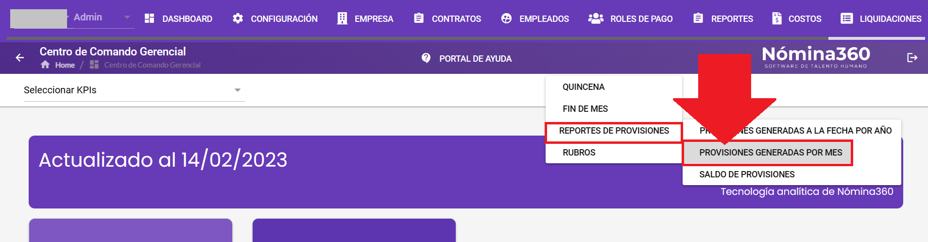 Opción Provisiones generadas por mes