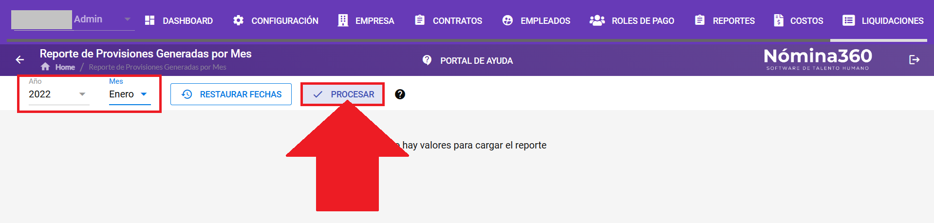 Selección de mes y año y botón Procesar