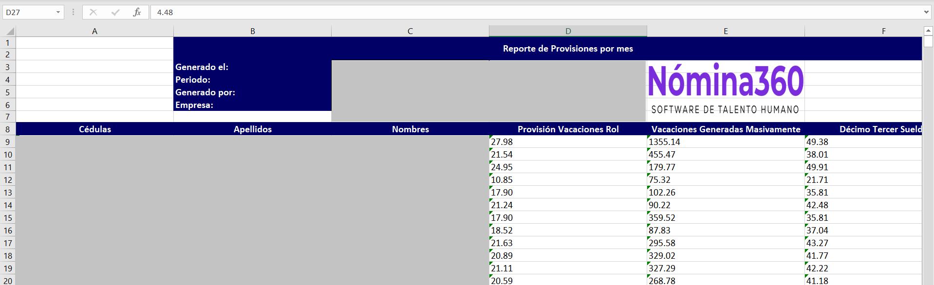 Archivo Excel descargado del reporte de provisiones por mes