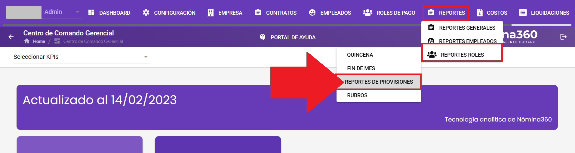 Pantalla de Reportes de Provisiones