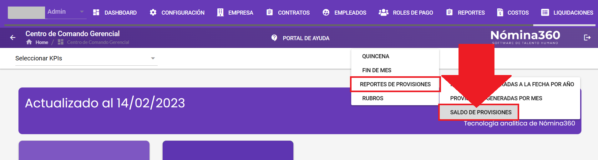 Opción Saldo de Provisiones
