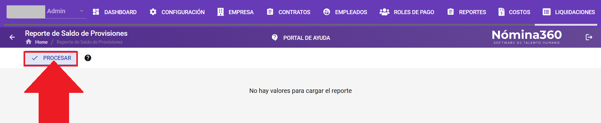 Botón Procesar en el reporte de saldo de provisiones