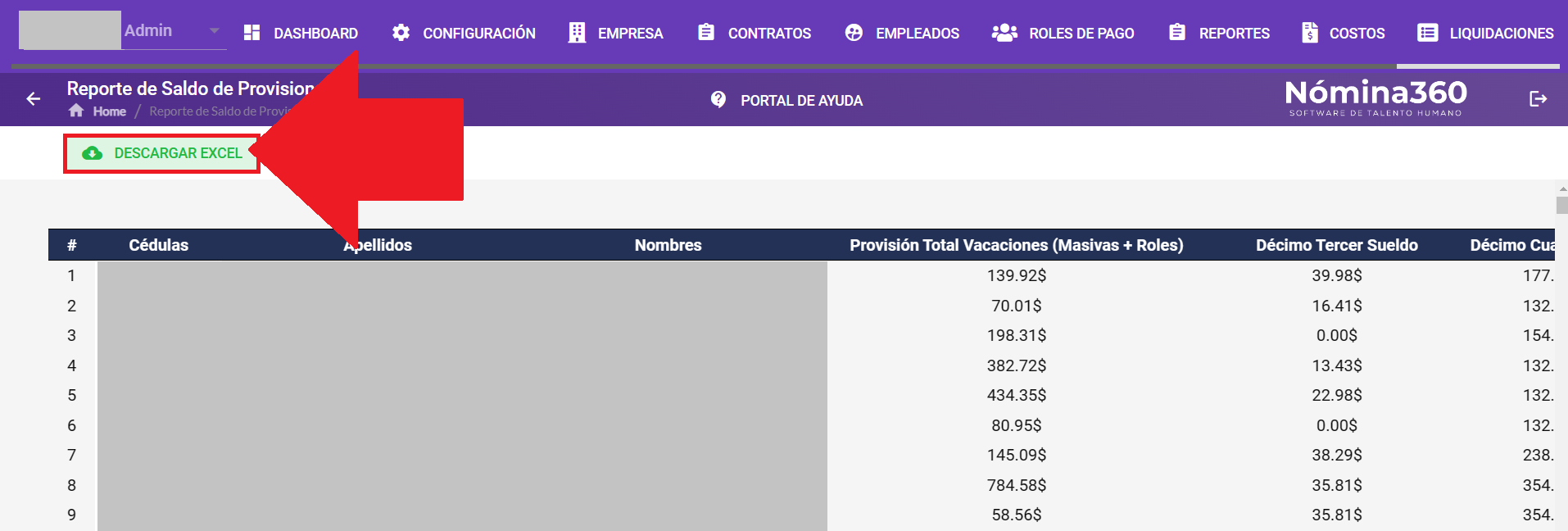 Botón Descargar Excel del reporte de saldo de provisiones