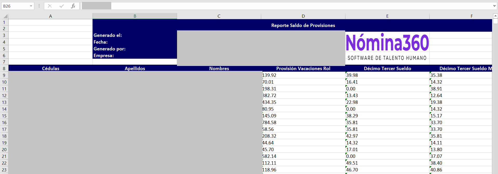 Archivo Excel descargado del reporte de saldo de provisiones