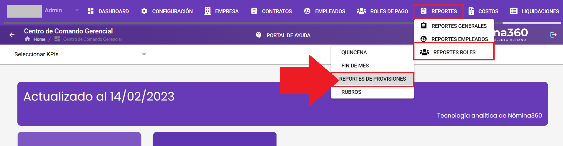 Pantalla de Reportes de Provisiones