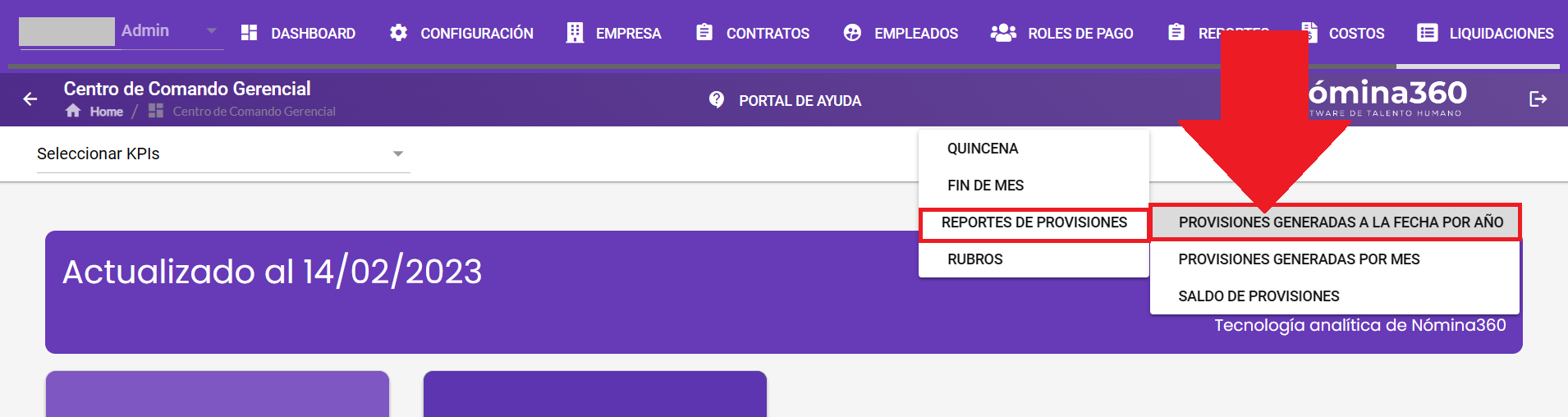 Opción Provisiones generadas a la fecha por año