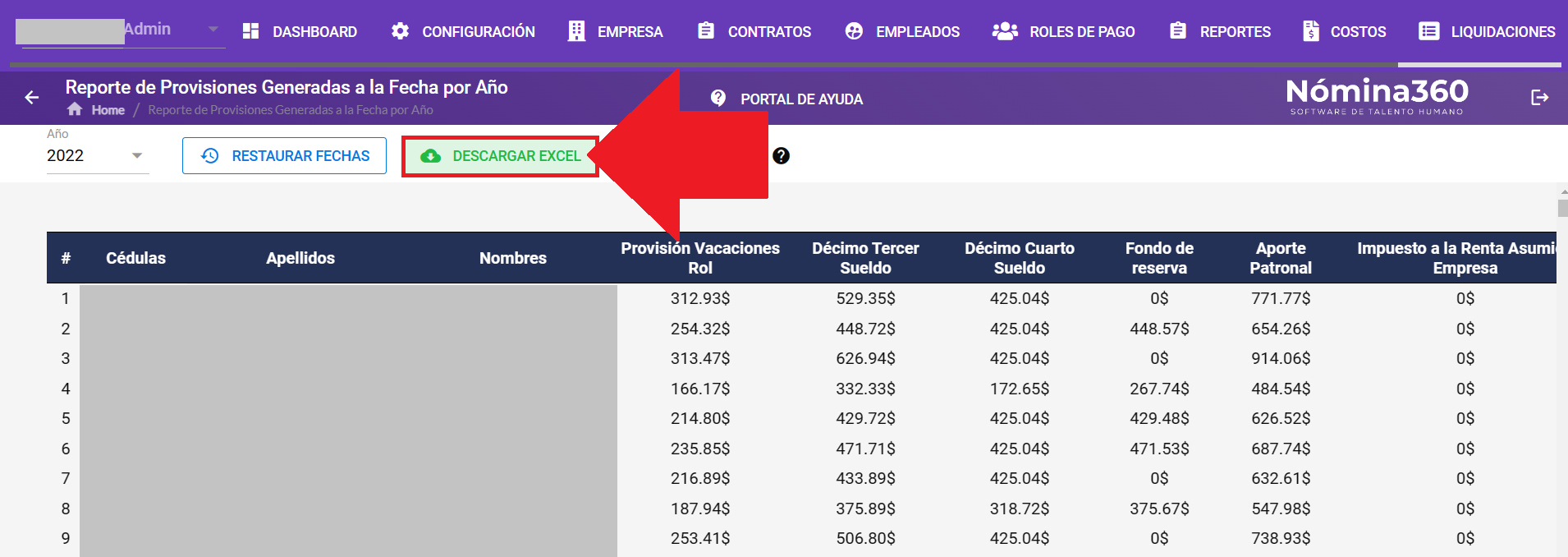 Botón Descargar Excel del reporte de provisiones por año