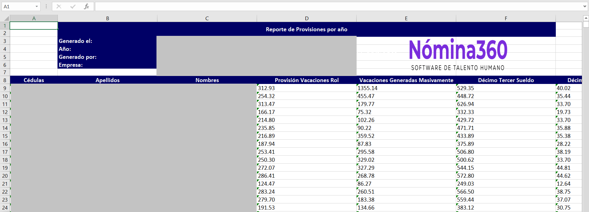 Archivo Excel descargado del reporte de provisiones a la fecha por año