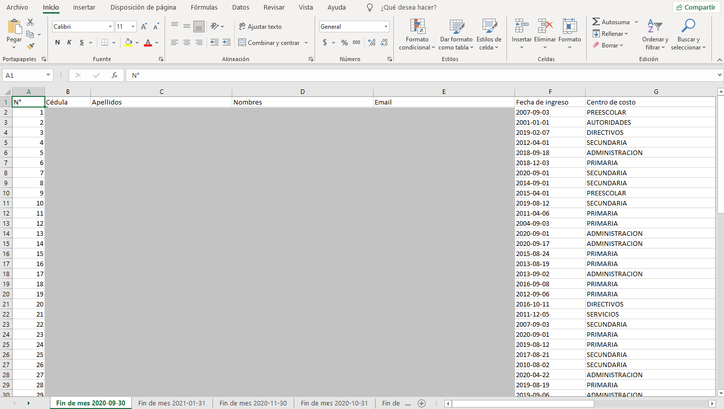 Archivo Excel descargado del reporte de roles enviados por correo