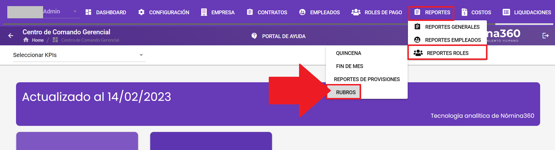 Pantalla del reporte de Rubros