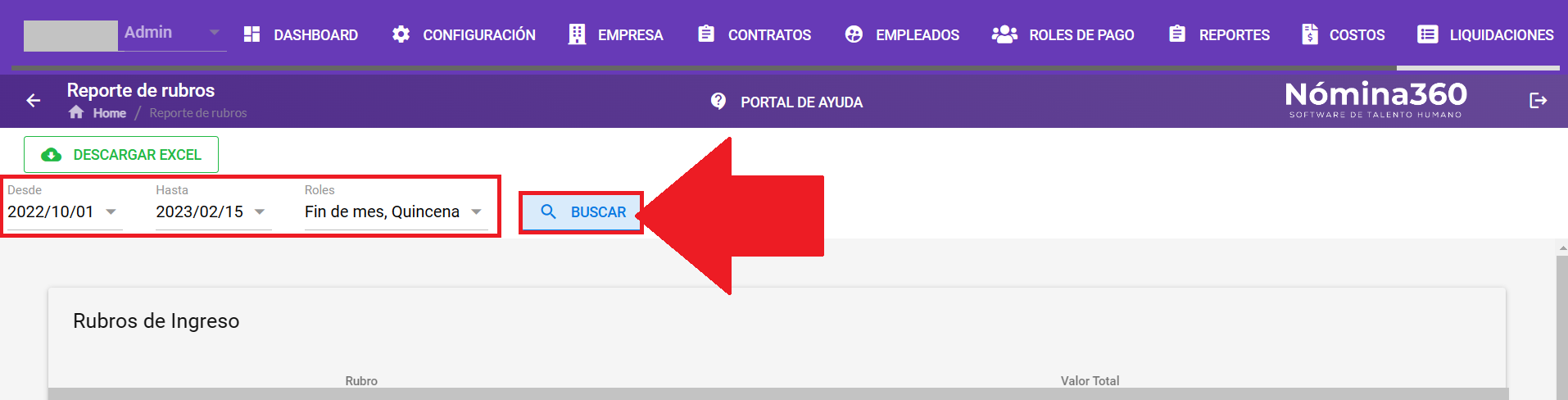 Selección de rango de fechas y tipo de rol