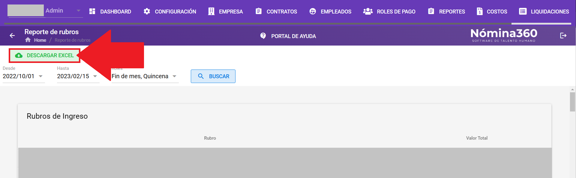 Botón Descargar Excel del reporte de rubros