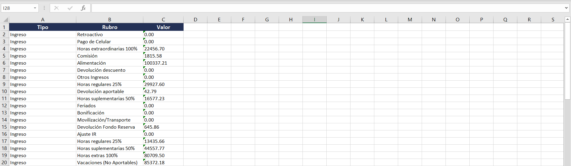 Archivo Excel descargado del reporte de rubros