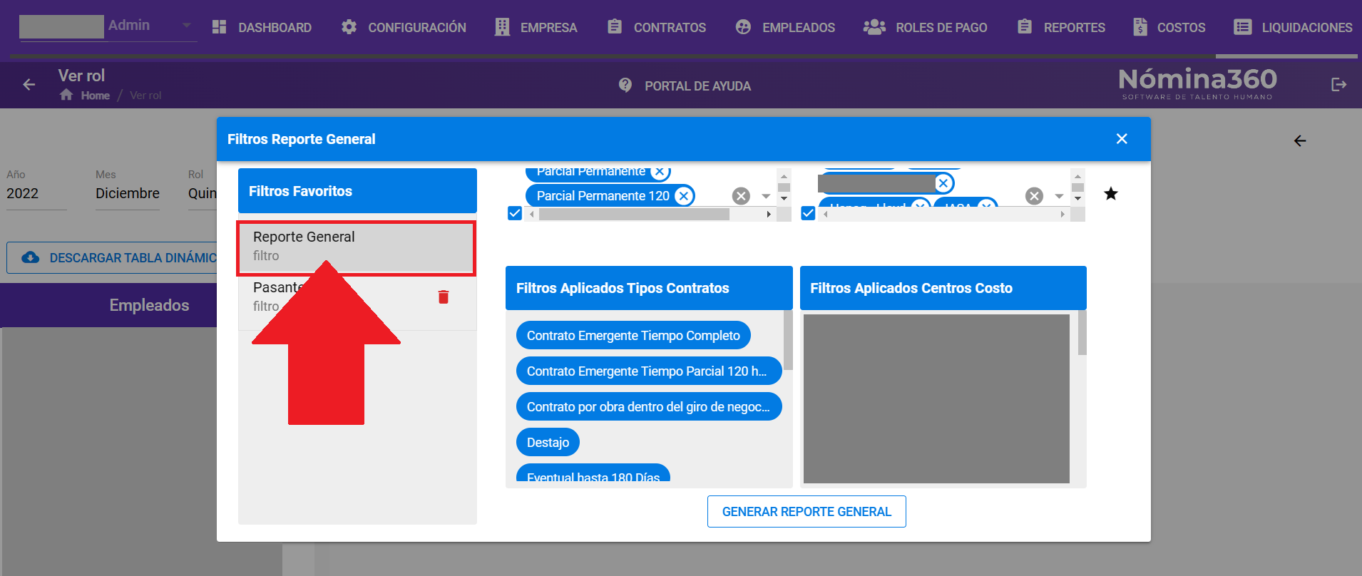 Ventana de filtros con la opción Reporte General en Filtros favoritos