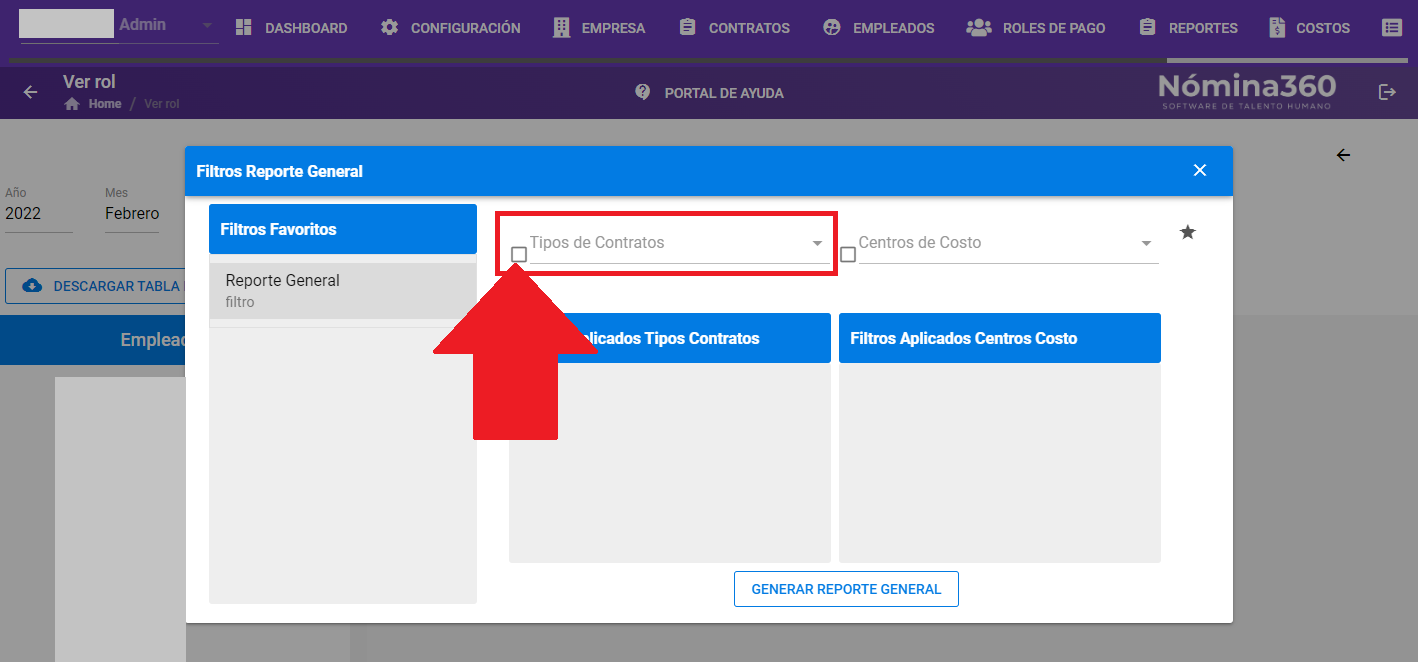 Selección de Tipos de Contratos en el filtro