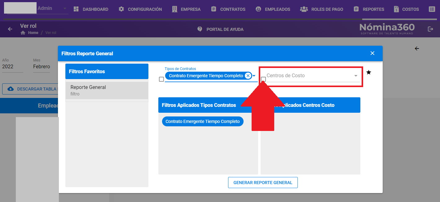 Selección de Centros de Costo en el filtro