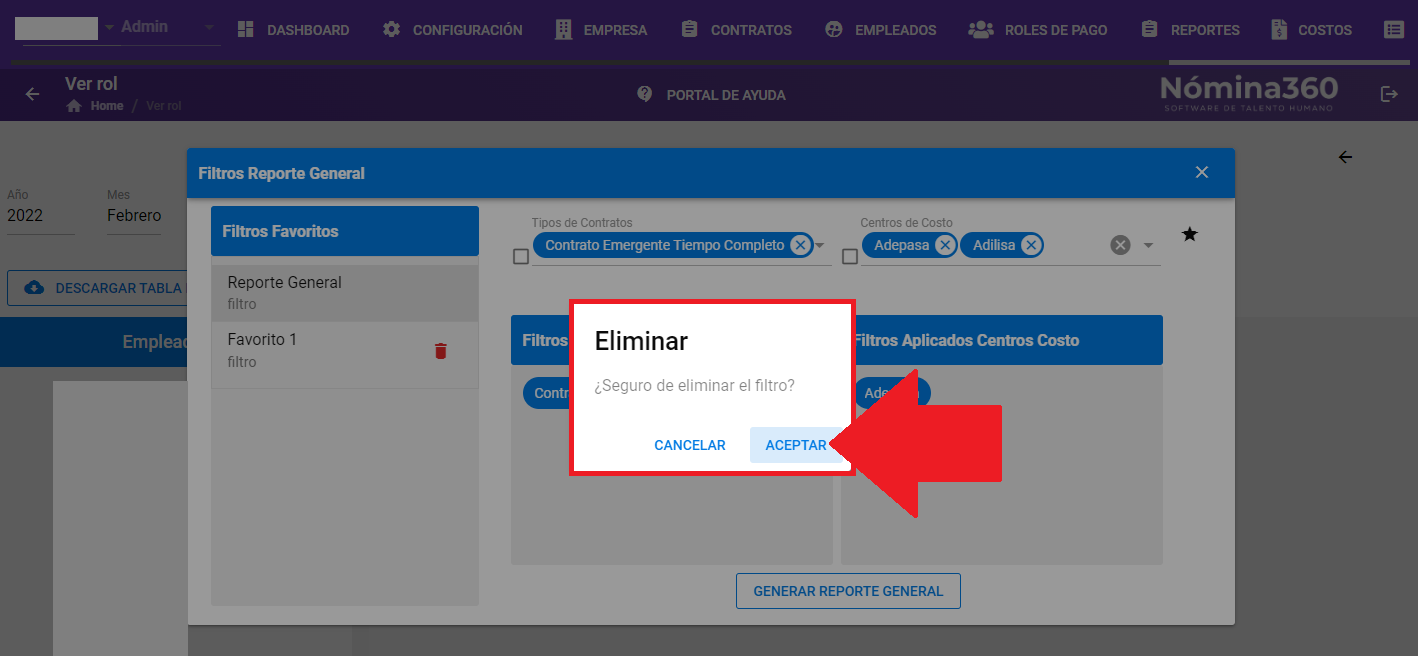 Cuadro de confirmación con el botón Aceptar para eliminar el filtro