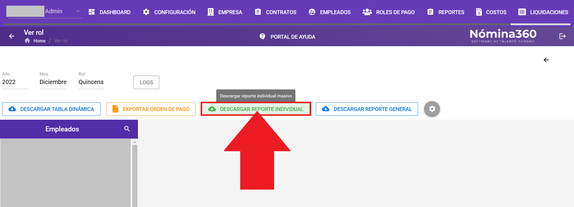 Botón Descargar Reporte Individual en las opciones del rol