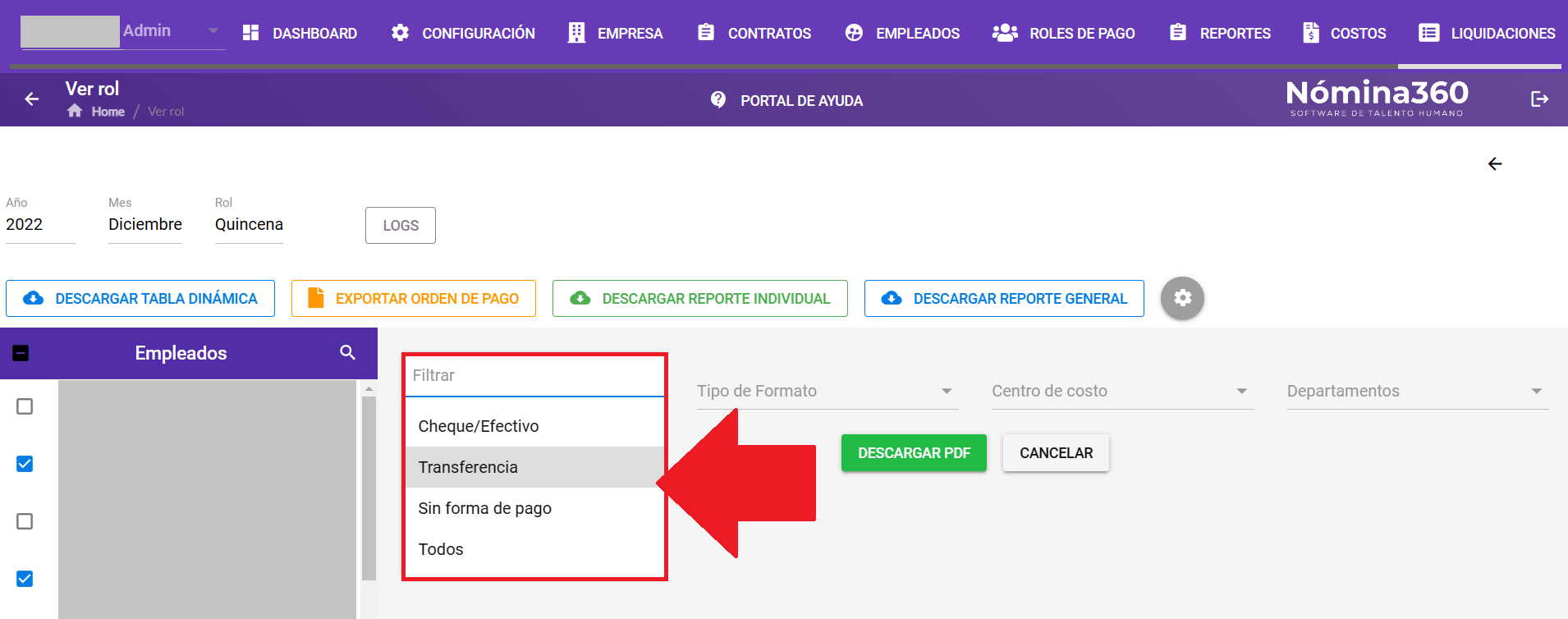 Selección del tipo de pago en el reporte individual