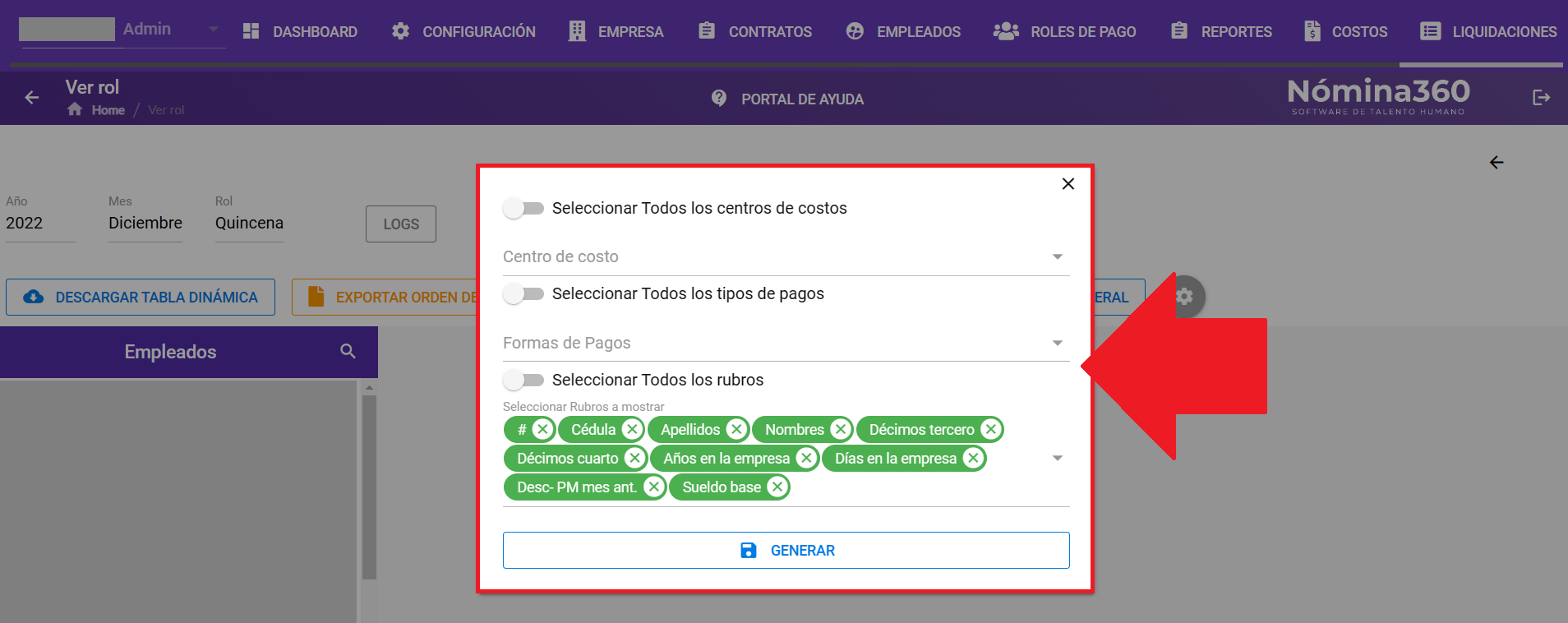 Formulario de configuración de la tabla dinámica