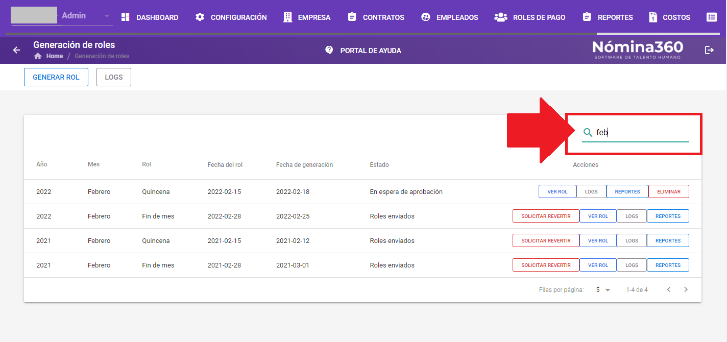 Listado de roles con la fila del rol seleccionada