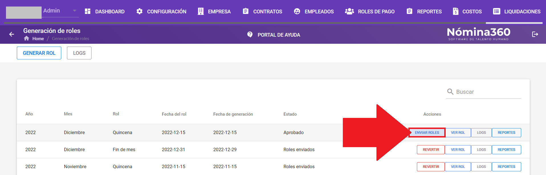 Listado con el rol de pago aprobado y el botón Enviar Roles