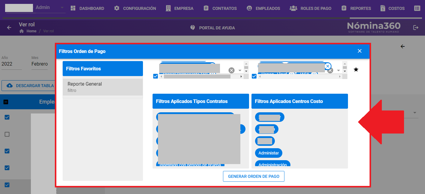 Filtros de tipos de contrato y centros de costo para la orden de pago