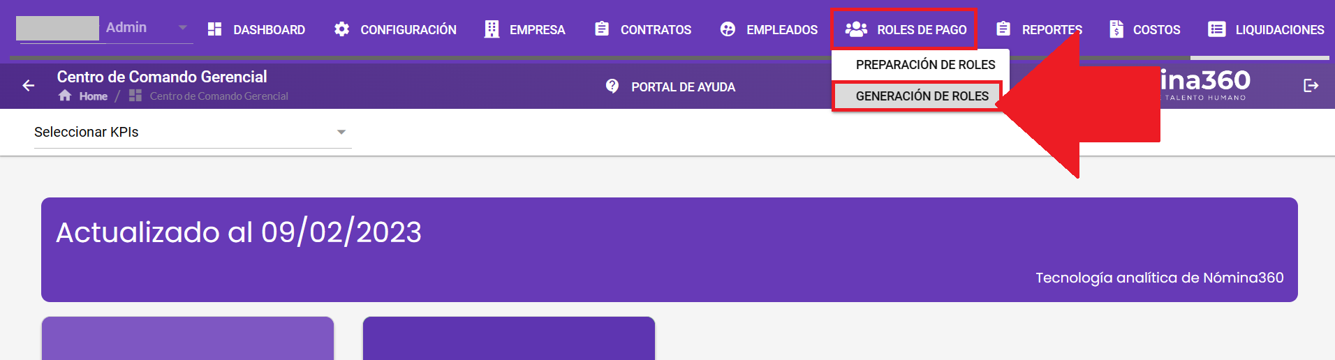 Menú Roles de Pago en la pantalla principal de Nómina360