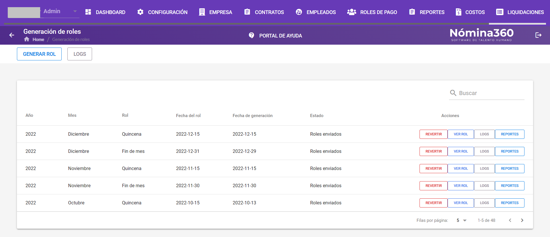 Pantalla principal de Generación de Roles con las acciones disponibles