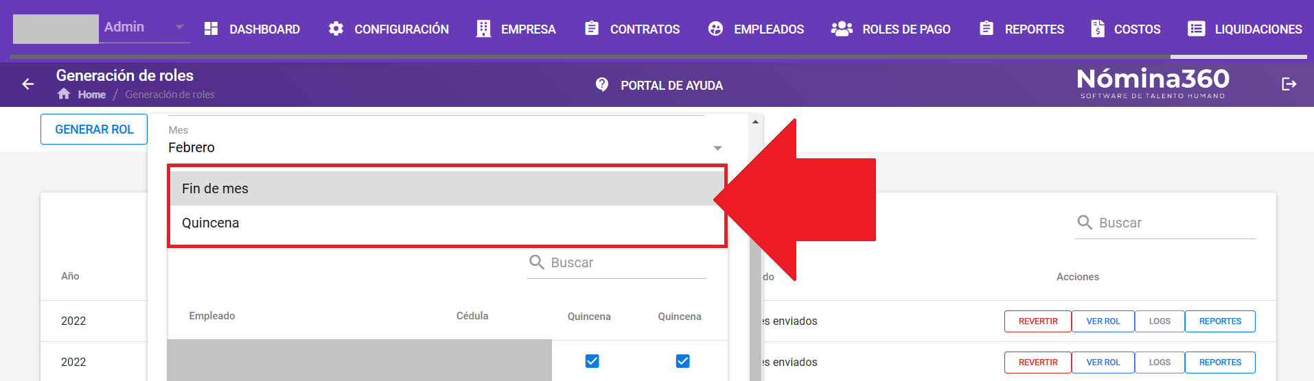 Selector del tipo de rol a generar