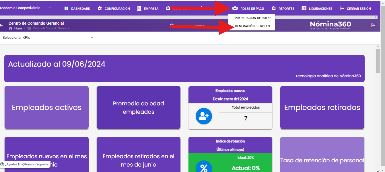 Menú Roles de Pago con la opción Generación de Roles