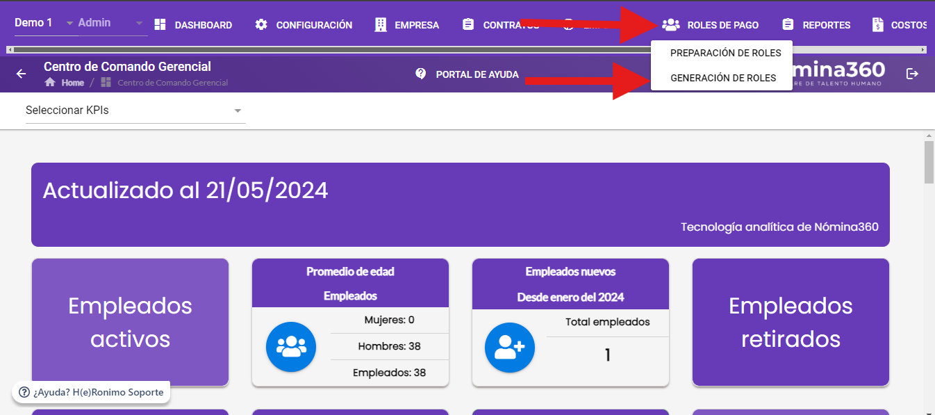 Menú Roles de Pago con la opción Generación de Roles