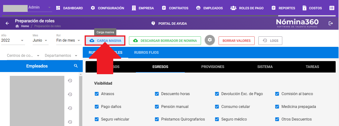 Botón Carga Masiva en la pantalla de Preparación de Roles