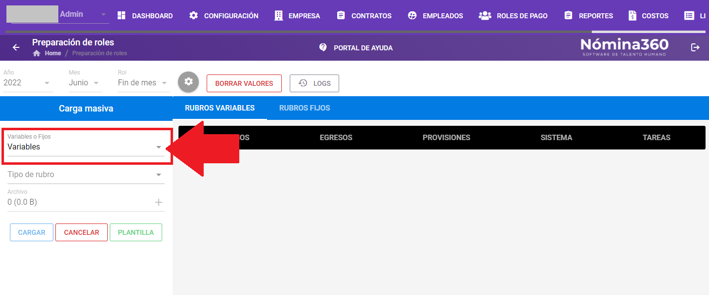 Selección del tipo de rubro Variables o Fijos en la carga masiva