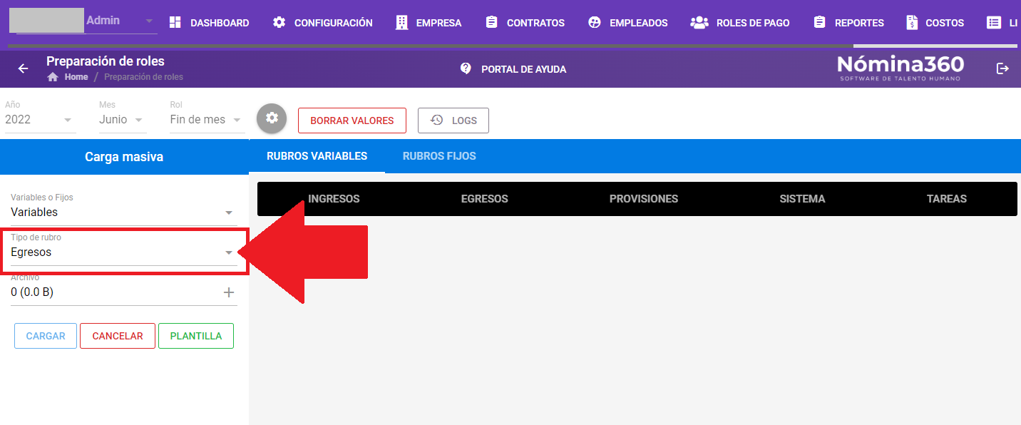 Selección de la subcategoría Ingresos, Egresos o Provisiones