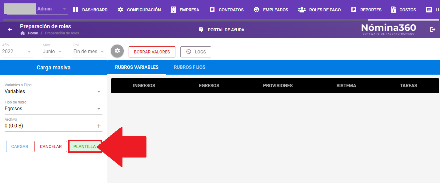 Botón Plantilla para descargar el archivo de carga masiva
