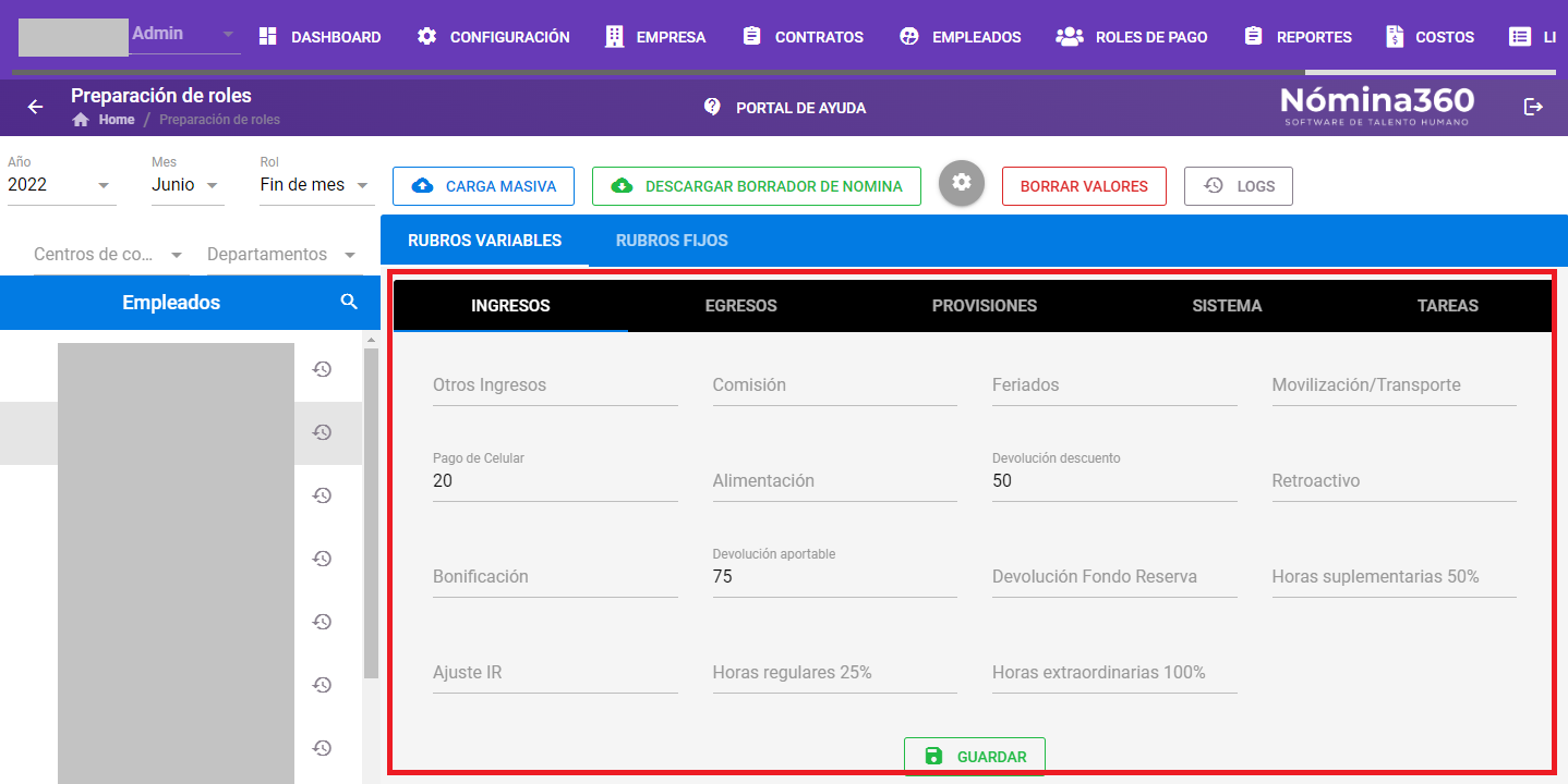 Listado de empleados con los valores de rubros cargados