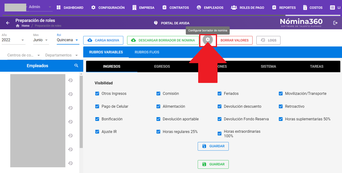Botón Configurar Borrador de Nómina en la pantalla de Preparación de Roles