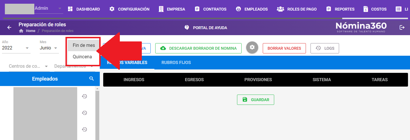 Selección del rol de pago en la pantalla de Preparación de Roles