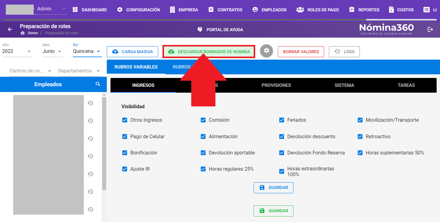 Botón Descargar Borrador de Nómina en la pantalla de Preparación de Roles