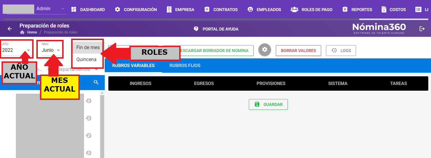 Pantalla de preparación con año, mes y selección del rol