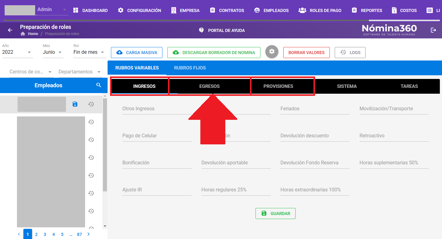 Selección de la subcategoría Ingresos, Egresos o Provisiones