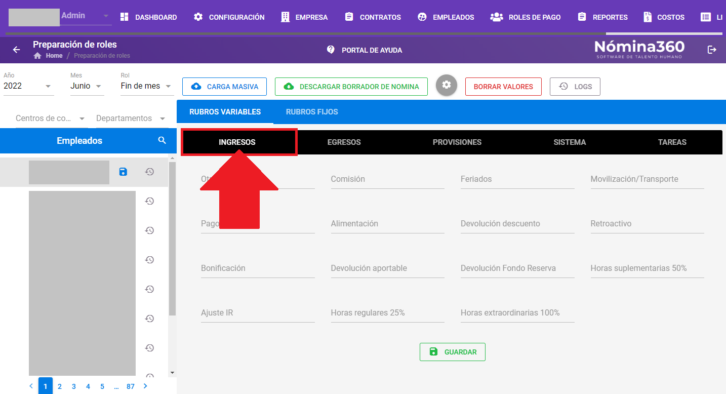 Pestaña Rubros Variables de Ingresos seleccionada