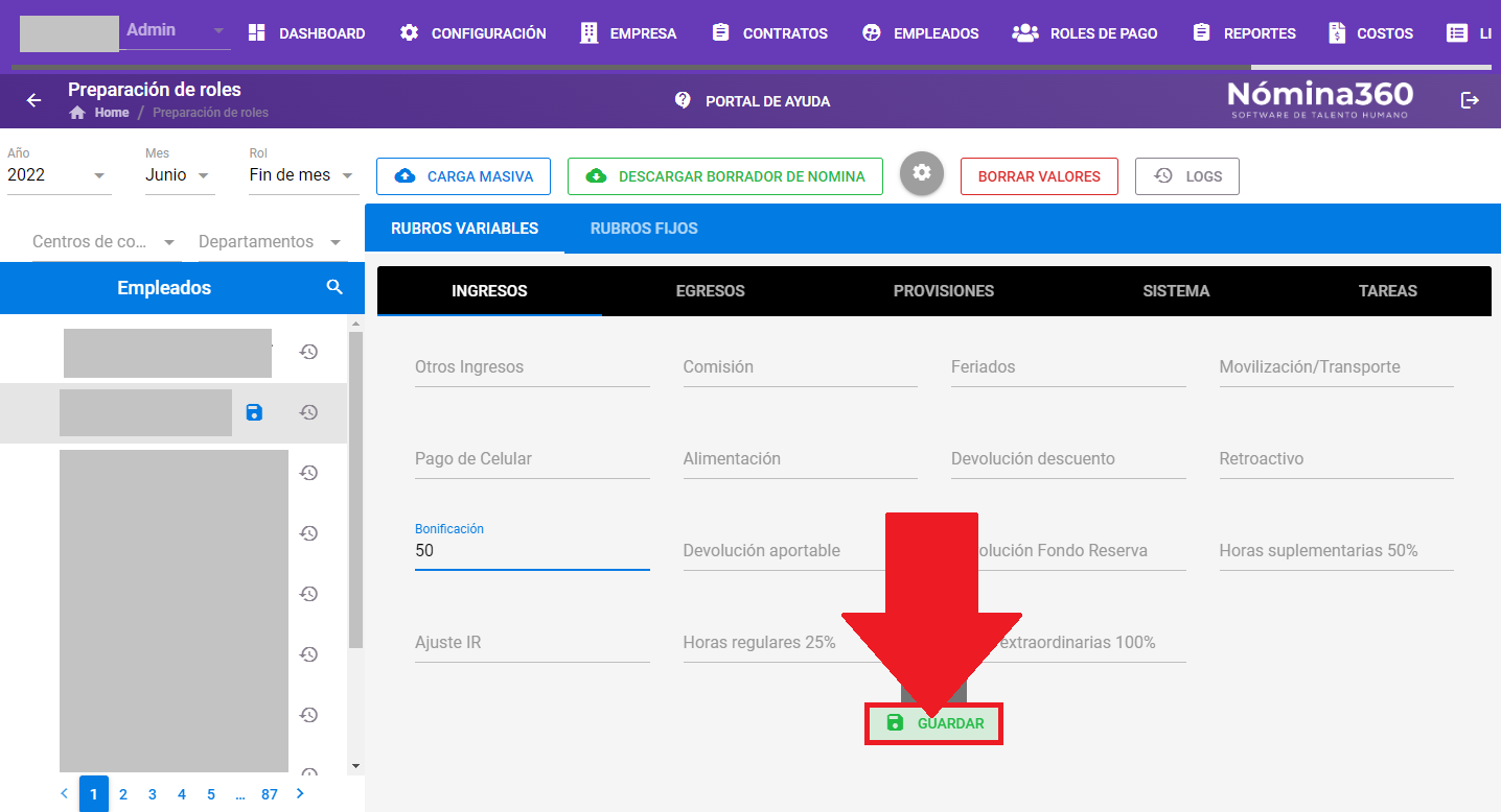 Botón Guardar para registrar los valores del rubro