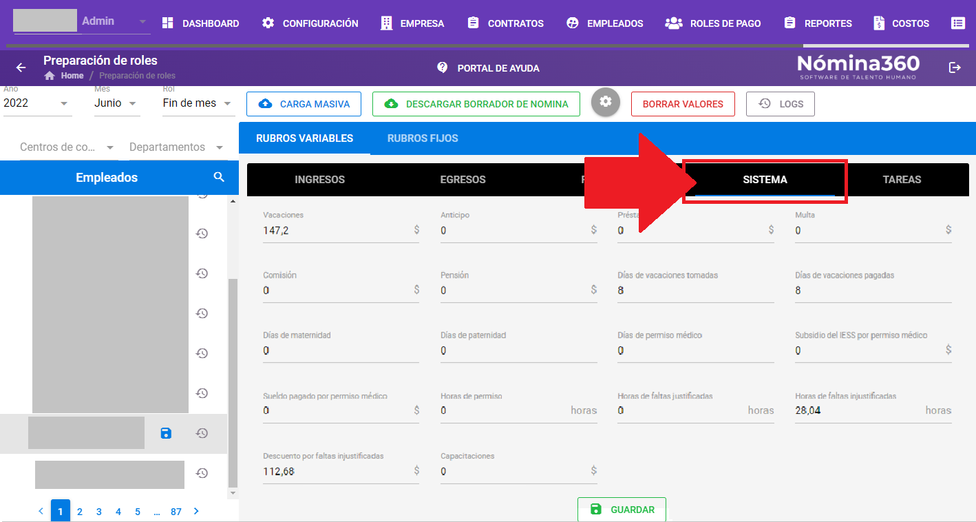 Pestaña Sistema con los descuentos calculados automáticamente