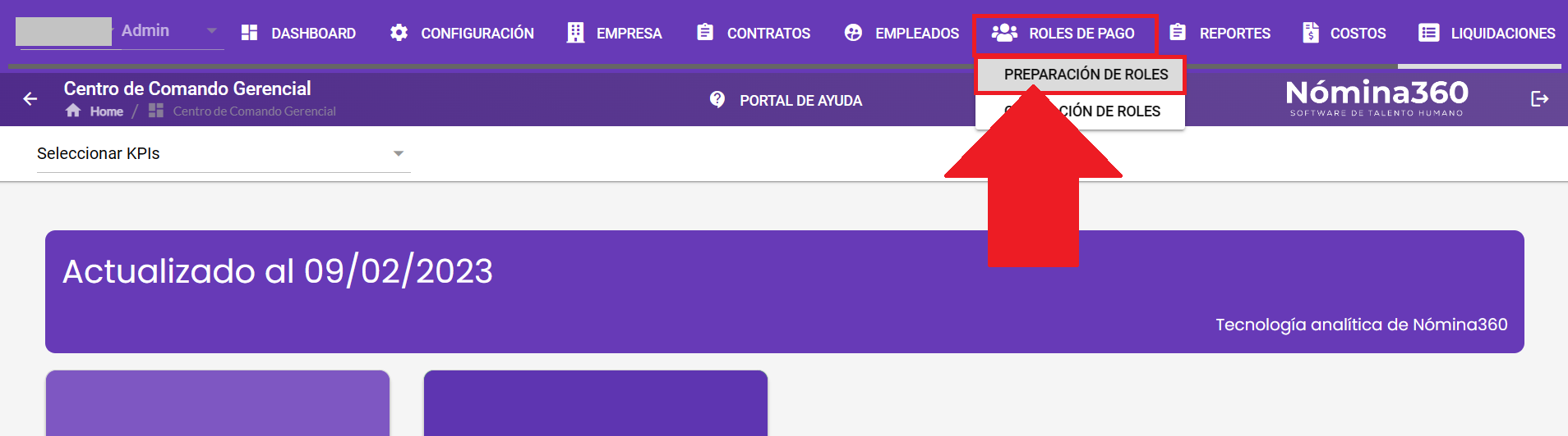 Menú Roles de Pago en la pantalla principal de Nómina360