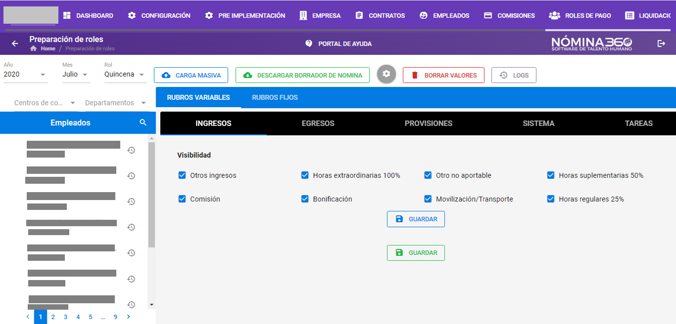 Pantalla principal de Preparación de Roles con las acciones disponibles